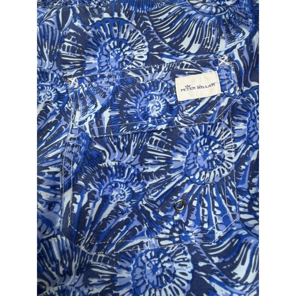 Peter Millar Shell Print Men's XL Swim Shorts Blue Drawstring Waist‎ Pockets